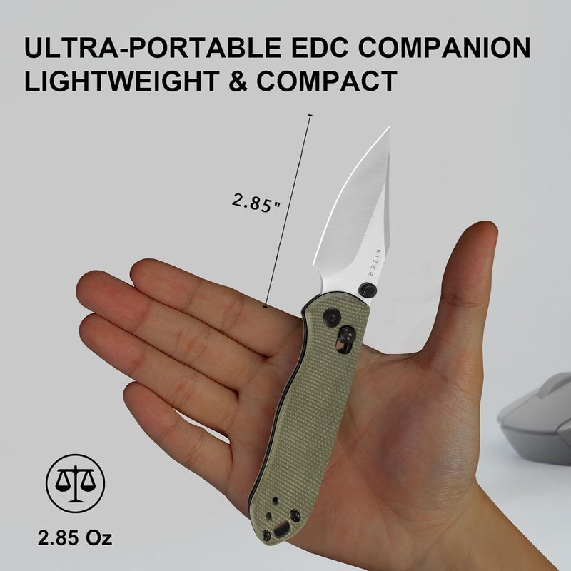 KIZER Drop Bear 2 Pocket Knife, 2.85" Nitro-V Clip Point Blade Folding Knife with Green Micarta Handle, Clutch Lock EDC Knives with Jimping on Spine for Men Women V3619.2KC1 - Image 5